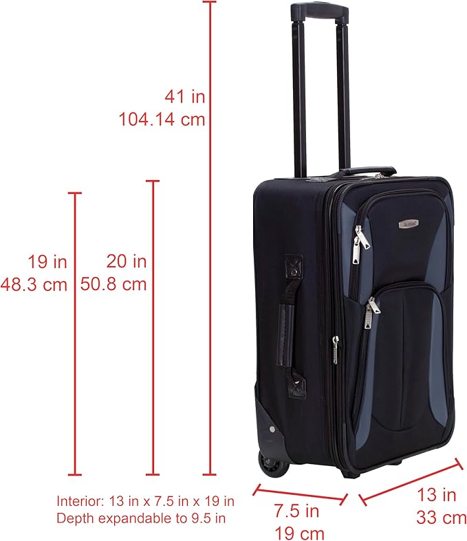 Rockland Fashion Softside 2 Piece Luggage Set, Expandable, (14" Tote/19" Upright), Black Gray