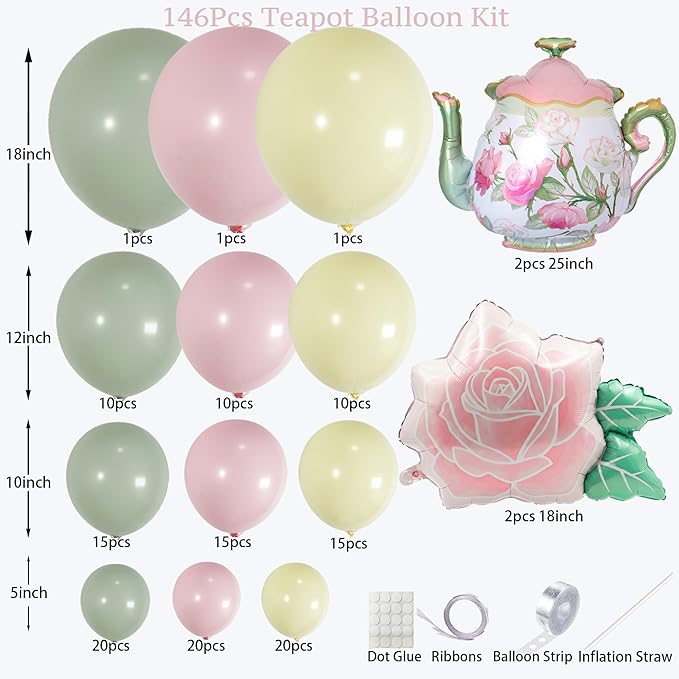 146Pcs Tea Party Balloon Garland Kit with Pink Green Yellow Teapot & Floral Balloons for Tea Party Baby Shower Decorations, Garden Party, Bridal Shower, High Tea, Let’s Partea Decor