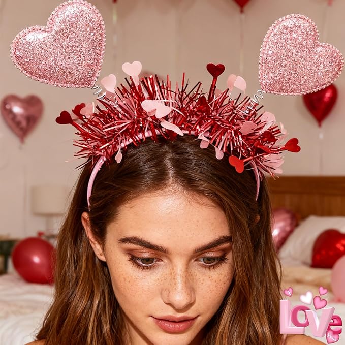 1pcs Valentines Headband Romantic Heart Headbands with Pink Sequin Hair Accessories Shiny Pink Heart Tassel Head Bopper for Valentines Wedding Anniversary Decorations