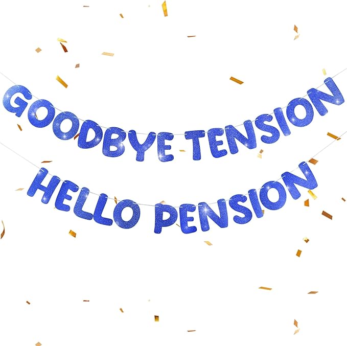 Retirement Banner Pre-Strung GOODBYE TENSION HELLO PENSION Banner Glitter Retirement Party Supplies Decorations for Women Men Office Home Decor (Blue)