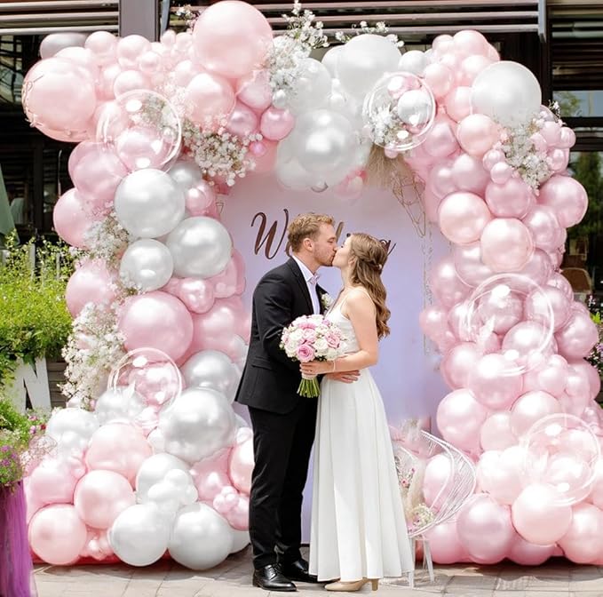 Pearl Pink White Balloon Arch Double Stuffed Pastel Light Pink White Cream Balloon Garland Kit with Bobo Balloons for Birthday Wedding Bridal Baby Shower Mother's Day Bachelorette Party Decor
