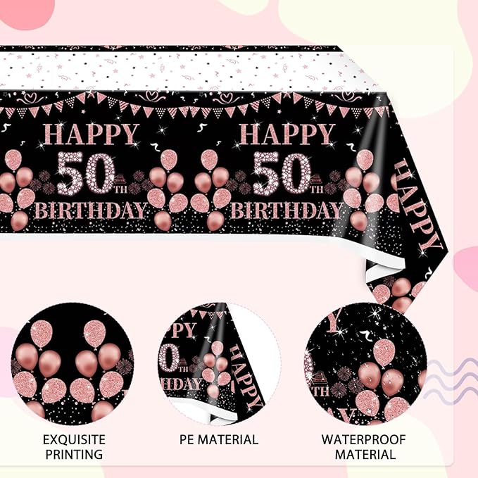 3 PCS Happy 50th Birthday Tablecloth Decorations Black and Rose Gold Theme Tablecloth Plastic Disposable Table Decorations for Women Birthday Anniversary Celebration Party Supplies
