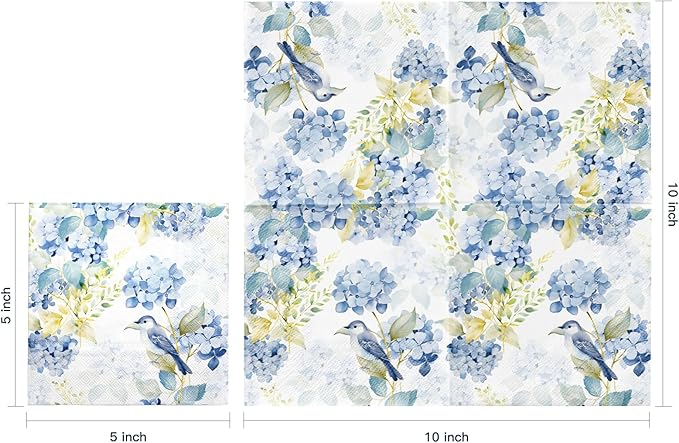 LeZakaa 25Pcs Hydrangea Guest Napkin, 3-Ply Floral Cocktail Beverage Bar Square Disposable Napkins Hand Towels for Wedding Engagement Bridal Shower Birthday, Tableware Party Supplies, 5 x 5 In