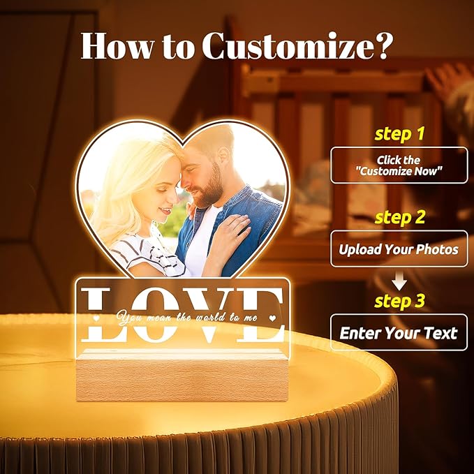 Personalized Picture Frame with Photo, Custom Photo Frame with Night Light, Customized Gifts for Girlfriend Boyfriend, Personalized Anniversary Couple Gifts for Women Men Her Him Wife