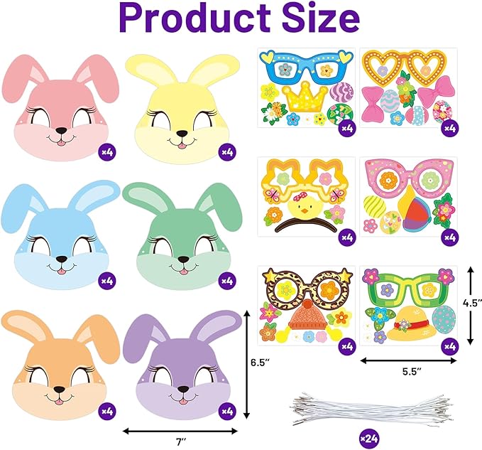 WorldBazaar Easter Bunny Mask Crafts 24 Packs DIY Paper Spring Bunny Mask with Stickers Classroom Family Activities Spring Crafts Easter Party Supplies