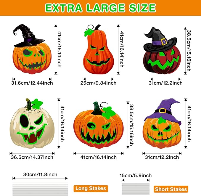 Soaoo 6 Pack 16 Inch Halloween Decoration Outdoor Fluorescence Halloween Pumpkin Yard Signs with Stakes Spooky Faces and Witch's Hat Lawn Signs Scary Front Yard Decor for Holiday Party Decor