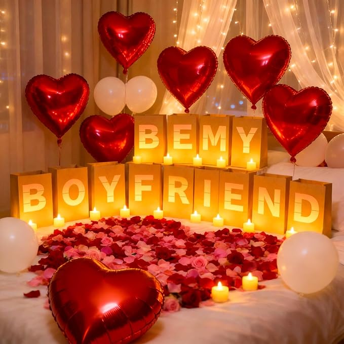 Be My Boyfriend Light Up Letters, Include Light up Letters, with Tea Lights Candles, Latex Balloons, Aluminum Balloons and Rose Petals, Anniversary and Valentines' Day Decorations for Women
