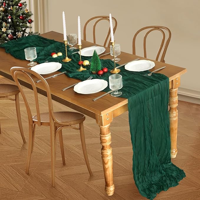 Christmas Table Runner, 10FT Cheesecloth Emerald Green Table Runners 35*120inch Rustic Vintage Table Runner for Christmas Indoor Home Kitchen Table Party Decorations
