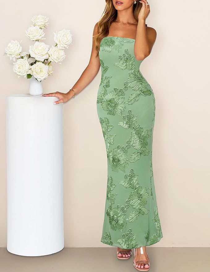 MEROKEETY Women's Floral Strapless Maxi Dress 2026 Summer Mesh Tube Bodycon Formal Wedding Guest Cocktail Party Long Dresses