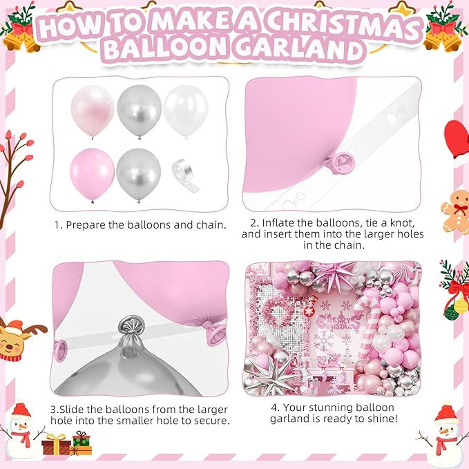 Christmas Balloon Arch Kit, Pink and White Silver Balloons Garland Arch with Double Pearl White Pink Balloons, Candy Cane Windmill Star foil Balloon for Christmas New Year Winter Decorations