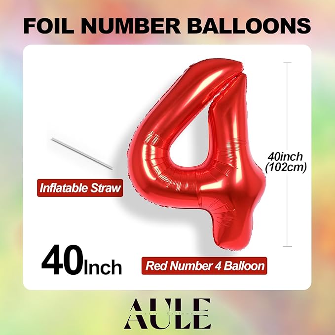 AULE 40 Inch Big Red 4 Balloon Number Large Foil Helium Number Balloons 0-9 Jumbo Giant Happy 4th Birthday Party Decorations for Boy or Girl Huge Mylar Anniversary Party Supplies