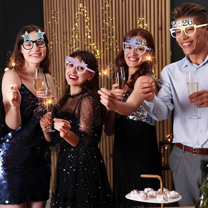 12PCS New Year Glasses, Funny New Years Eve Party Paper Glasses Photo Booth Props 2026 Eyeglasses Frames for NYE Party Supplies Decorations 2026
