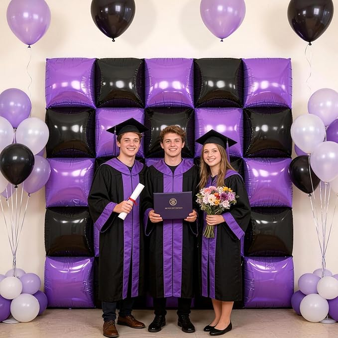 Black Purple Square Foil Balloon Wall,25Pcs Double Sided Foil Balloons Backdrop Helium Polyester Tunnel Arch Garland Kit for Birthday Bridal Anniversary Baby Shower Halloween Party Decorations