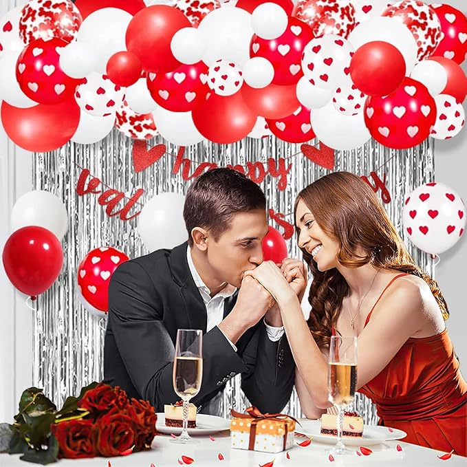 Happy Anniversary Decorations - 118PCS Anniversary Party Decorations Kit with 16" Happy Anniversary Letter Balloons 1000PCS Red Silk Rose Petals, Balloon Arch Garland, Red Heart Balloons