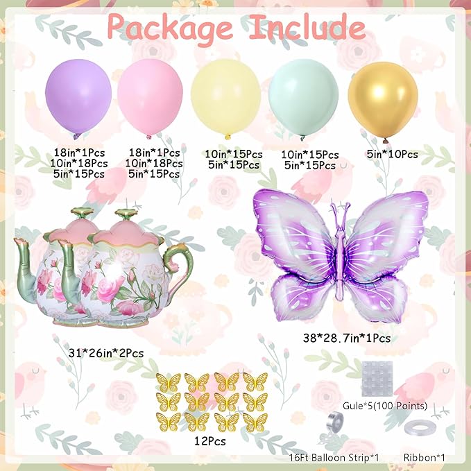 Tea Party Decorations, 154Pcs Tea Party Balloon Arch Garland Kit with Pastel Pink Yellow Green Balloons Teapot Butterfly Foil Balloon for Girls Birthday Let's Par Tea Spring Garden Party Decorations