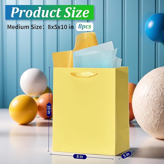 WrapNGo 8 PCS Gift Bags with 16 Tissues 8 Colors Party Favor Bags with Handles 8x5x10 Inch Goodie Bags for Party,Birthday,Baby Shower,Wedding, School Supplies and Gifts