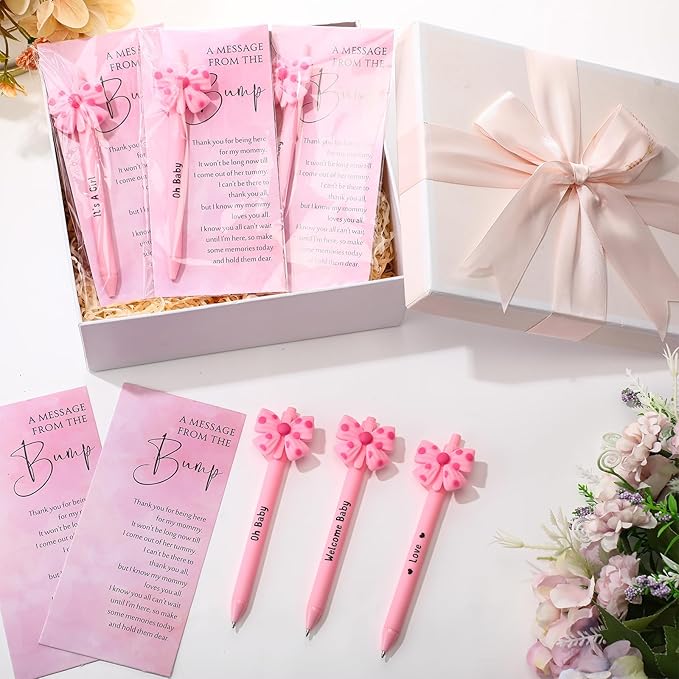 50 Set Baby Shower Party Gift Pen Favors for Guests Include 50 Pink Blue Bow Ballpoint Pens 50 Baby Shower Thank You Cards with Opp Bags for Gender Reveal Party Prizes Souvenirs(Girl)