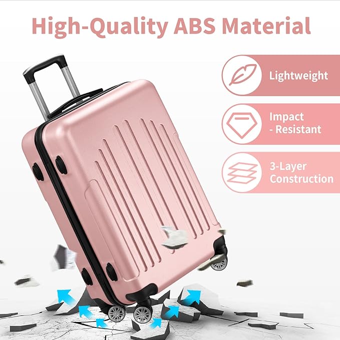 Karl home 24in Checked Luggage with TSA Lock, ABS Hardshell Check-in Suitcase with Spinner Wheels, Durable Medium Suitcase Rolling Luggage for Business Travel, Pink