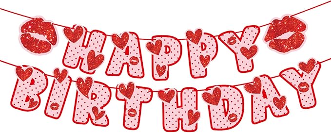 Zwiebeco Love Heart Happy Birthday Banner Red and Pink Glitter Sign Hanging Paper Party Decoration for Girls Women Accessories