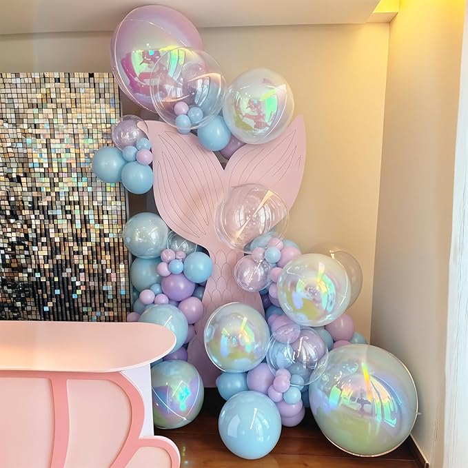 14 Pcs Iridescent Round Foil Balloons 22/15/10 Holographic 4D Ball Balloons Clear Balloon Ornament Mylar Balloon for Girls Mermaid Under The Sea Rainbow Birthday Wedding Disco Party Decoration