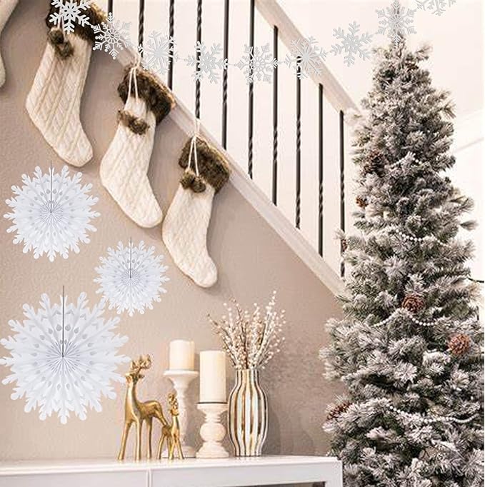 Snowflake Snow White-Silver Christmas-Frozen Party-Decorations - 9pcs Winter Girl Birthday New Year Paper Fan Banner Stareamers, Wonderland Party Supplies Decor Lasting Surprise
