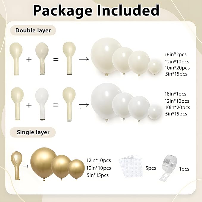 White and Gold Balloons Arch Kit - 129 pcs Double Stuffed Pearl White Sand Beige Ivory Chrome Gold Bobo Balloons for Wedding Birthday Party Decorations