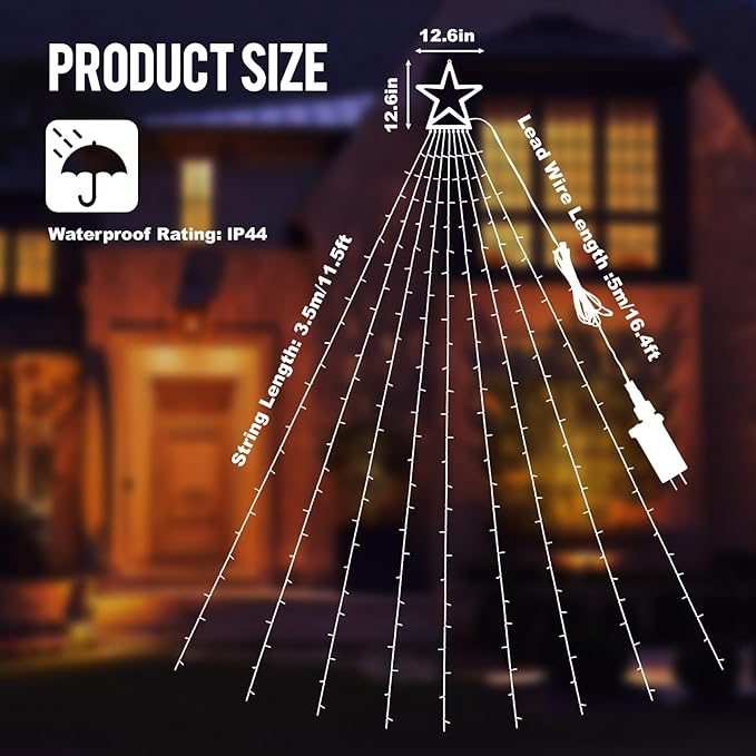 Christmas Decorations Outdoor Lights,11.5 ft 317 LED Star Christmas Tree Lights,8 Memory Lighting Modes&Timer Christmas Star Lights for Yard,Wedding,Party,Christmas Decorations (Blue)