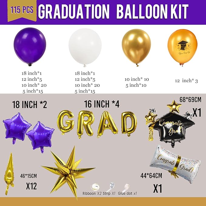 Purple Graduation Balloon Garland Arch Kit 115PCS with Graduation Star print Certificate Letter Mylar Foil Balloons for Graduate Class of 2026 Grad Prom party Decorations Supplies (Purple Gold White)