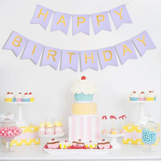 lavender Happy Birthday Banner Purple - Hanging Backdrop Sign with Gold Letters, Happy Birthday Sign Bunting Decorations for Women men Kids Baby Shower Party Supplies (13pcs)