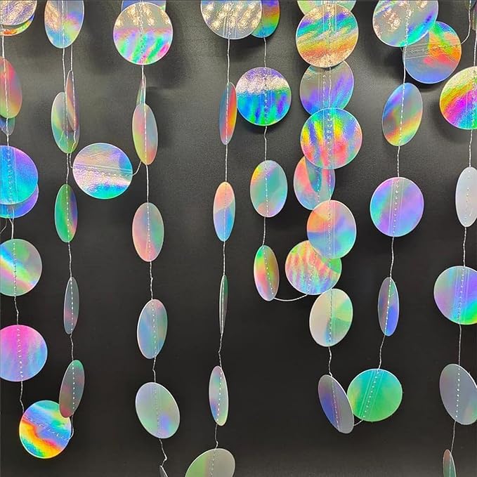Shining Iridescent Circle Dots Hanging Garland - Sparkling Streamer, Glitter Bunting Banner, Backdrop for Wedding, Baby Shower, Birthday, Xmas Decor - 40 Feet