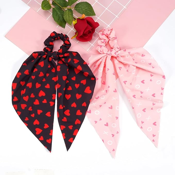 Valentines Hair Ties for Woman Girls Red Heart XOXO Ribbon Valentine's Day Hair Scrunchies Elastic Pink Love Hair Tie Party Supplies Hair Accessories 2PCS