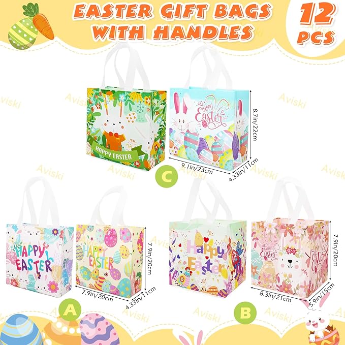 Aviski 12PCS Happy Easter Egg Hunt Bags Assorted Sizes Bunny Carrot Chick Egg Gift Bag with Handles, Easter Treat Bags, Non-Woven Gifts Wrapping, Spring Party Supplies