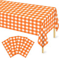 Mulbozy Orange Gingham Tablecloth 4 Pack, 54 x 108 Inch Plastic Table Cloth Disposable, Orange and White Checkered Table Cover for Party Supplies