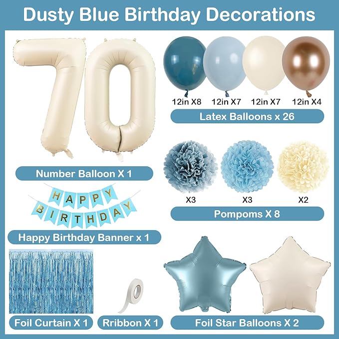 Dusty Blue 70th Birthday Party Decorations for Women Men Beige Cream Number 70 Balloon with Blue Gold Happy Birthday Banner Fringe Curtain Paper Pom Poms Nude White Sand Champagne Star Foil Balloons