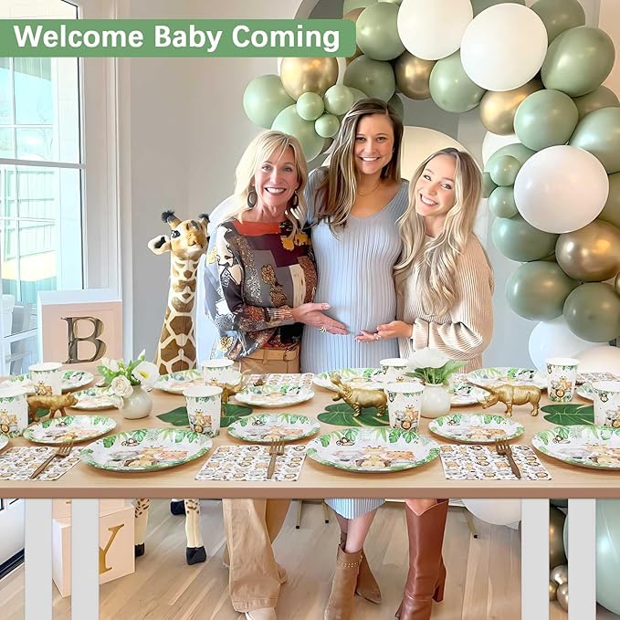 Safari Jungle Baby Shower Plates Set Decorations Wild One Birthday Party Decorations Serves 25,Sage Green Plates Napkins Cups and Forks Animals Theme Disposable Tableware Set