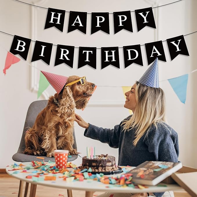 Hooqict Black Happy Birthday Banner Sign for Backdrop Black Birthday Decorations for Men Women Party Supplies Wall Door Banner Garland Bunting Flag