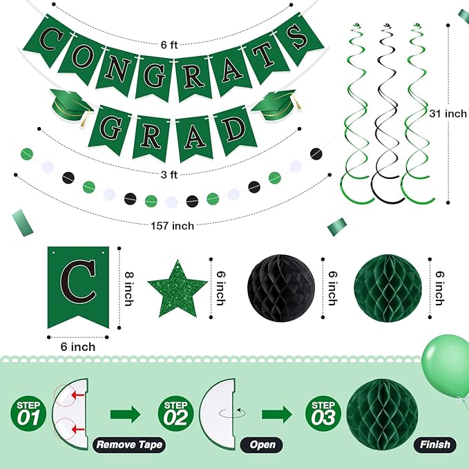 Green and Black Congrats Grad Banner 2026 Graduation Decorations with Hanging Swirl Honeycomb Ball Circle Garland Grad Party Favor Supplies for College Senior High School Classroom Decor