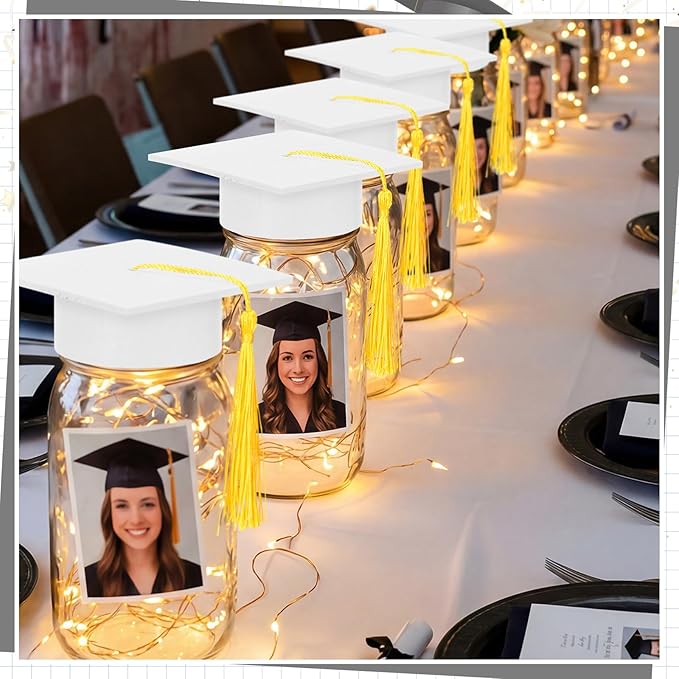 Boao 16 Sets Graduation Table Decoration Set with LED Light up Graduation Decorations for Class of 2026, Grad Jar, Felt Grad Hat and Stickers for High School College(White,Vivid)