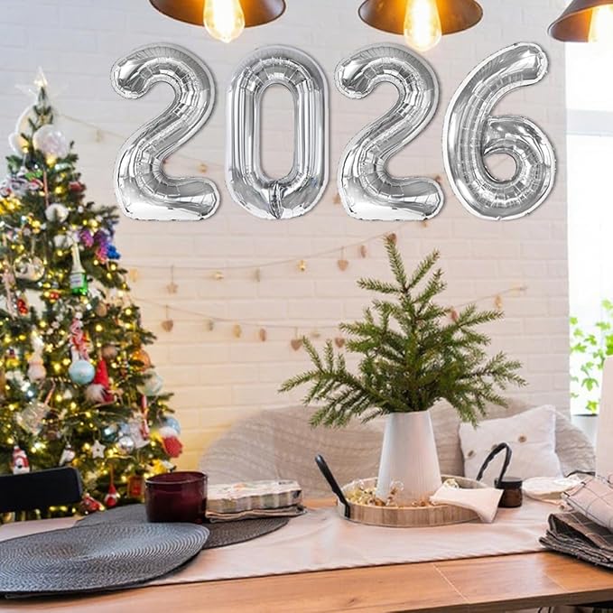 Silver Number Balloons, 40 Inch 2026 Number Balloons, New Years Decorations, 2026 Balloon for Graduation Happy New Year and 2 6 20 26 Birthday Parties