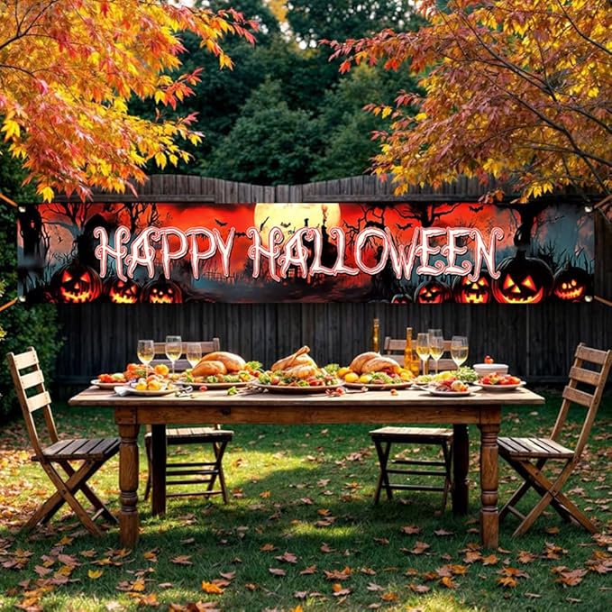 Happy Halloween Banner Large 120 x20 Inch Yard Sign Banner Flag Scary Halloween Party Hanging Decorations for Outdoor Fence Garage Garden Porch Holiday Backdrop Decor