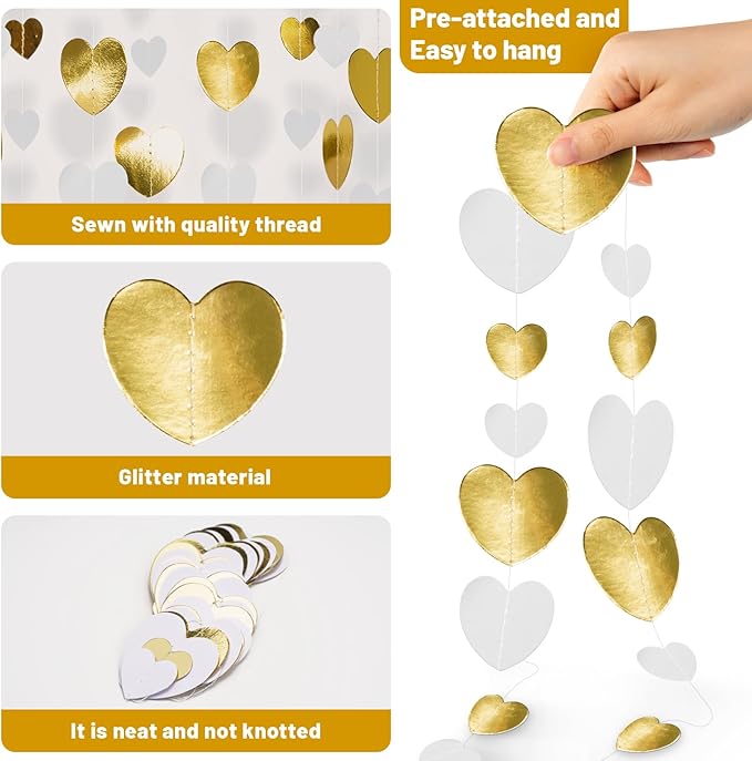 GCQQ White Gold Heart Garlands - 52Ft Glitter Valentines Day Decorations 4 Packs Paper Heart Hanging Streamers Garland for Valentine's Day Party Decoration Wedding Birthday Bridal Shower Decor