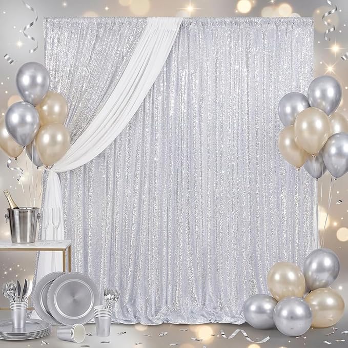 B-COOL Silver Sequin Backdrop Curtains 2 Packs Sparkle Backdrop 5ftx8ft Fabric Glitter Photography Drapes for Party Baby Shower Wedding Birthday Decoration