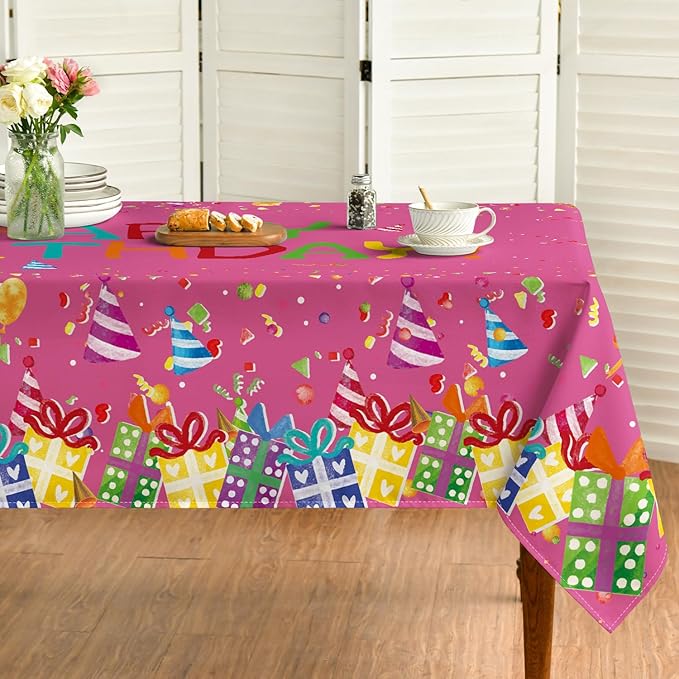 Horaldaily Birthday Tablecloth 52x70 Inch Rectangular, Happy Birthday Ballon Pink Washable Seasonal Table Cover for Party Picnic Dinner Decor