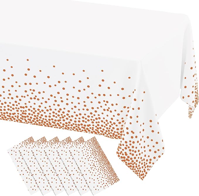 misaya 6 Packs Dot Disposable Table Cloth, 54 x 108 Inch Waterproof Plastic Tablecloth, Rectangle Rose Gold Dots in White Table Covers for Easter, Picnic, Birthday, Party