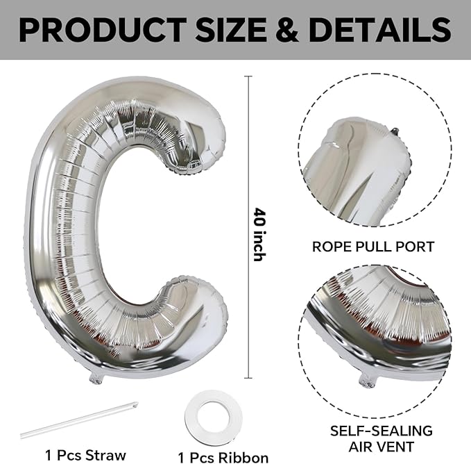 KALOR 40 Inch Silver Letter C Balloons Jumbo Foil Mylar Helium Big Balloons for Birthday Party Anniversary Baby Shower Supplies