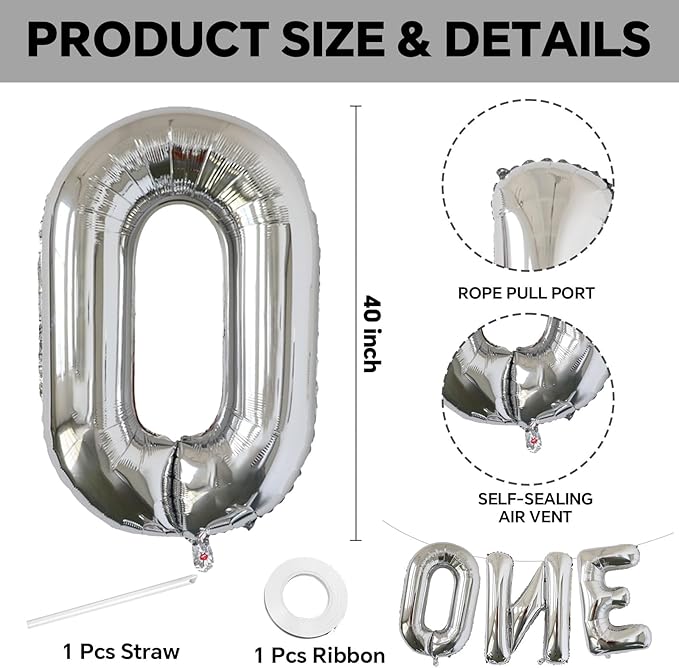 KALOR 40 Inch Silver Letter ONE Balloons Jumbo Foil Mylar Helium Big Balloons for Birthday Party Anniversary Baby Shower Supplies