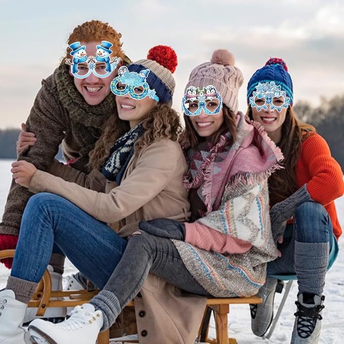 16Pcs Winter Party Glasses Frames, Funny Winter Paper Glasses Snowmen Snowflake Eyeglasses Photo Booth Props for Christmas Holiday Birthday New Year Party Supplies