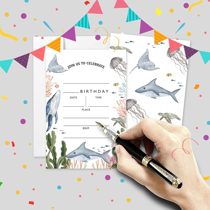 AEHIE 20 Sets Under the Sea Birthday Party Invitations With Envelopes, Sea Creatures Whale Turtle Shark Jellyfish Double-sided Printed Birthday Party Invite Cards for Kids & Adults
