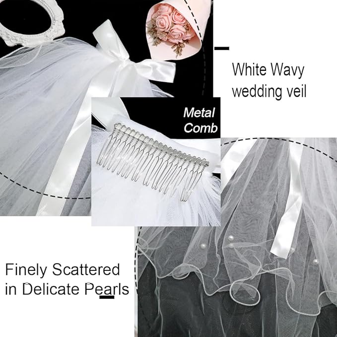 White Short Wedding Veil Pearl Rhinestone Bride Veils Bridal Veils Bachelorette Party Veil for Brides and Women
