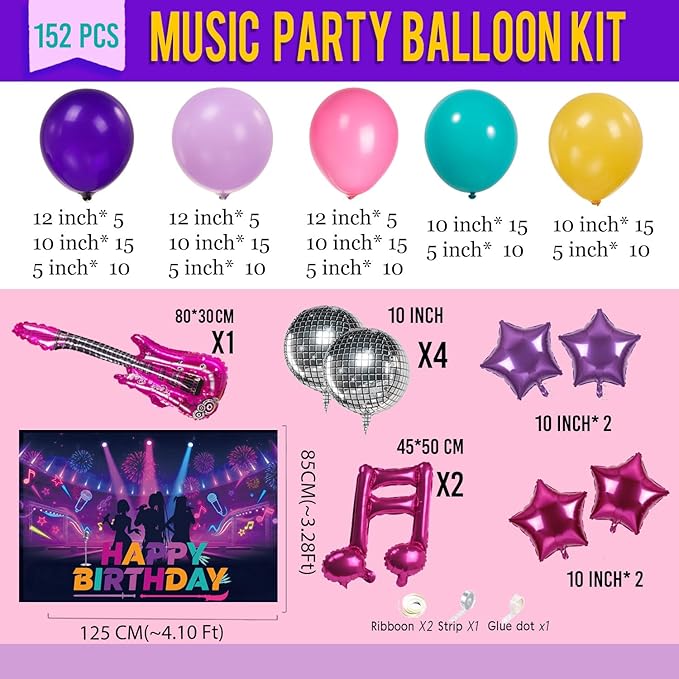 Purple hot pink Balloon Arch Garland Kit with backdrop Musical symbols Disco Star mylar balloons for kpop music Birthday Decorations Y2K Concert Movies Tv fans Prom Party Supplies